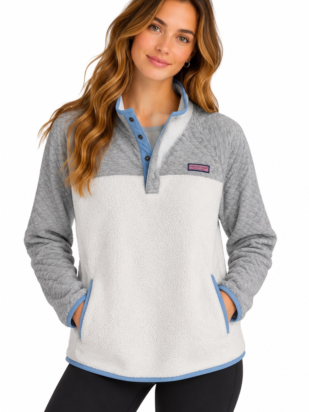 Vineyard Vines Women’s XL Mixed Media Sherpa Shep Shirt Cream Gray Pullover